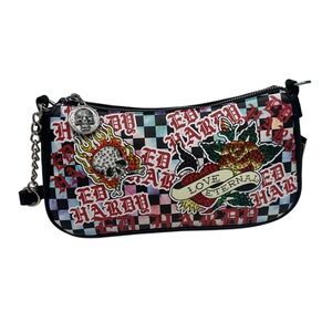 Ed Hardy Y2K‎ checkered rhinestone skull "Love Eternal" graphic shoulder bag NWT